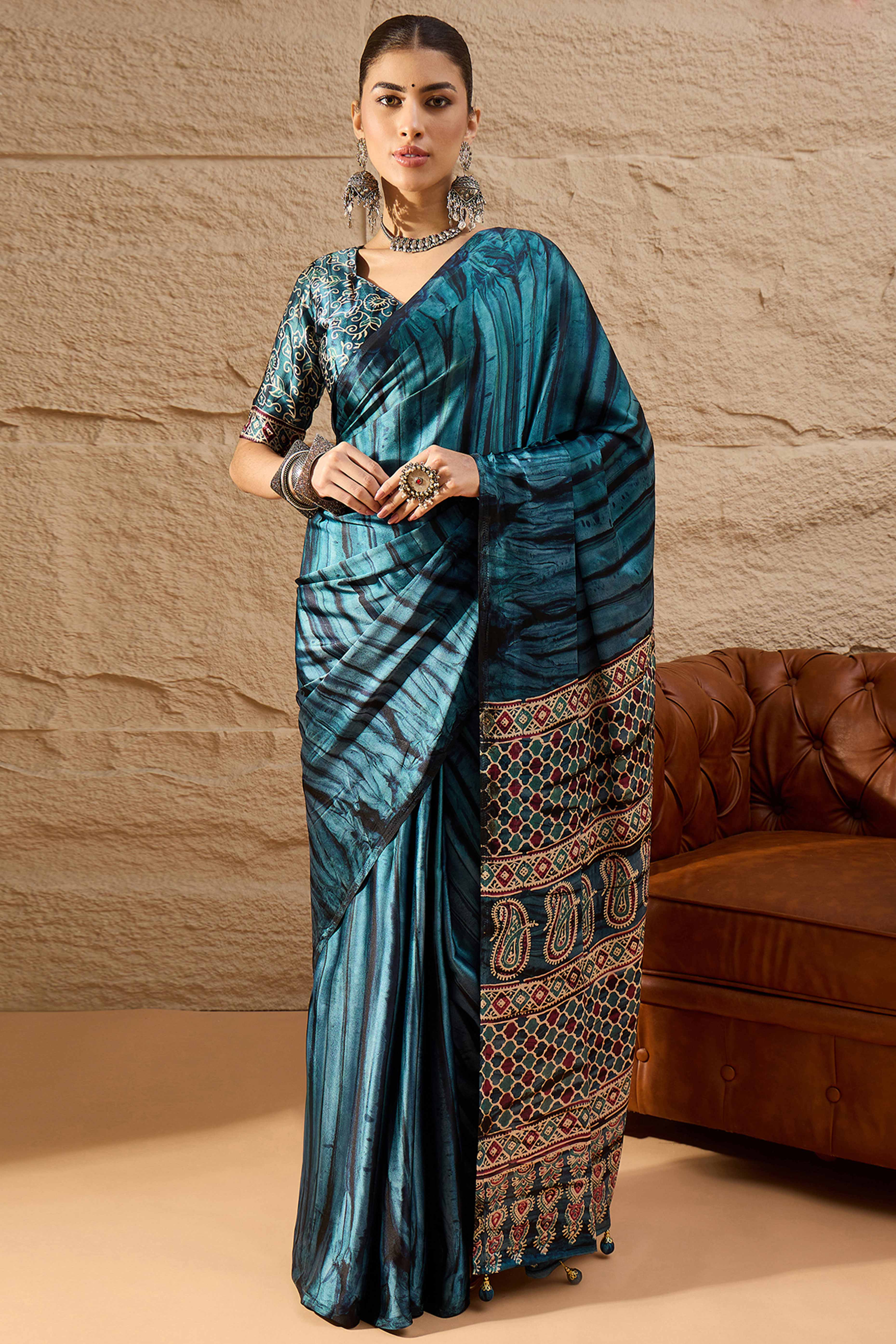 Ajrakh Print Dark Teal Satin Saree with Ethnic Appeal