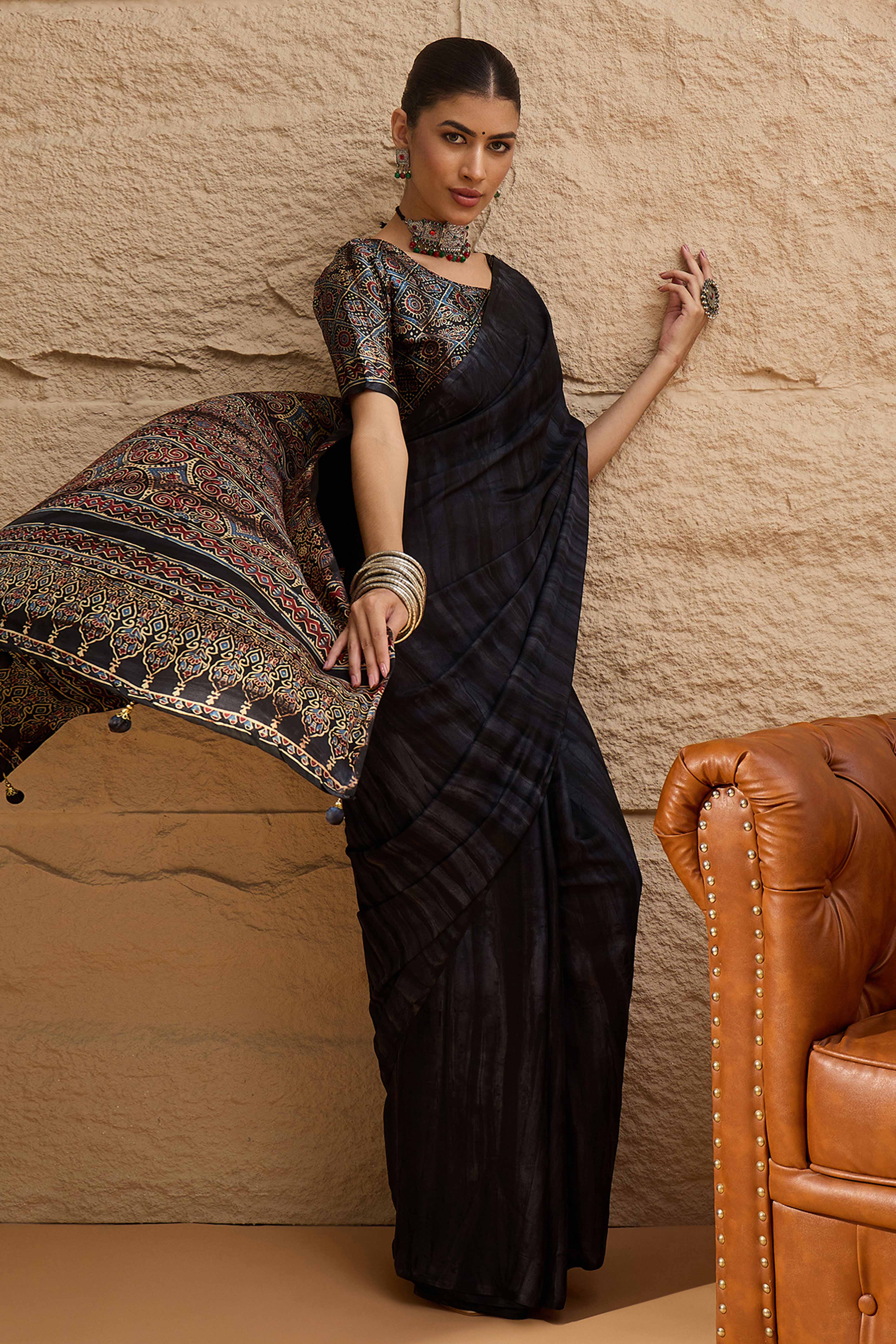 Ajrakh Print Black Satin Saree with Ethnic Appeal