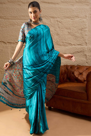 Ajrakh Print Teal Satin Saree with Ethnic Appeal