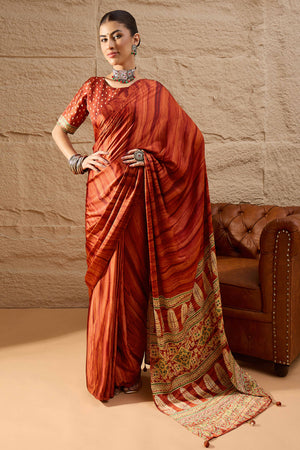 Ajrakh Print Rust Satin Saree with Ethnic Appeal