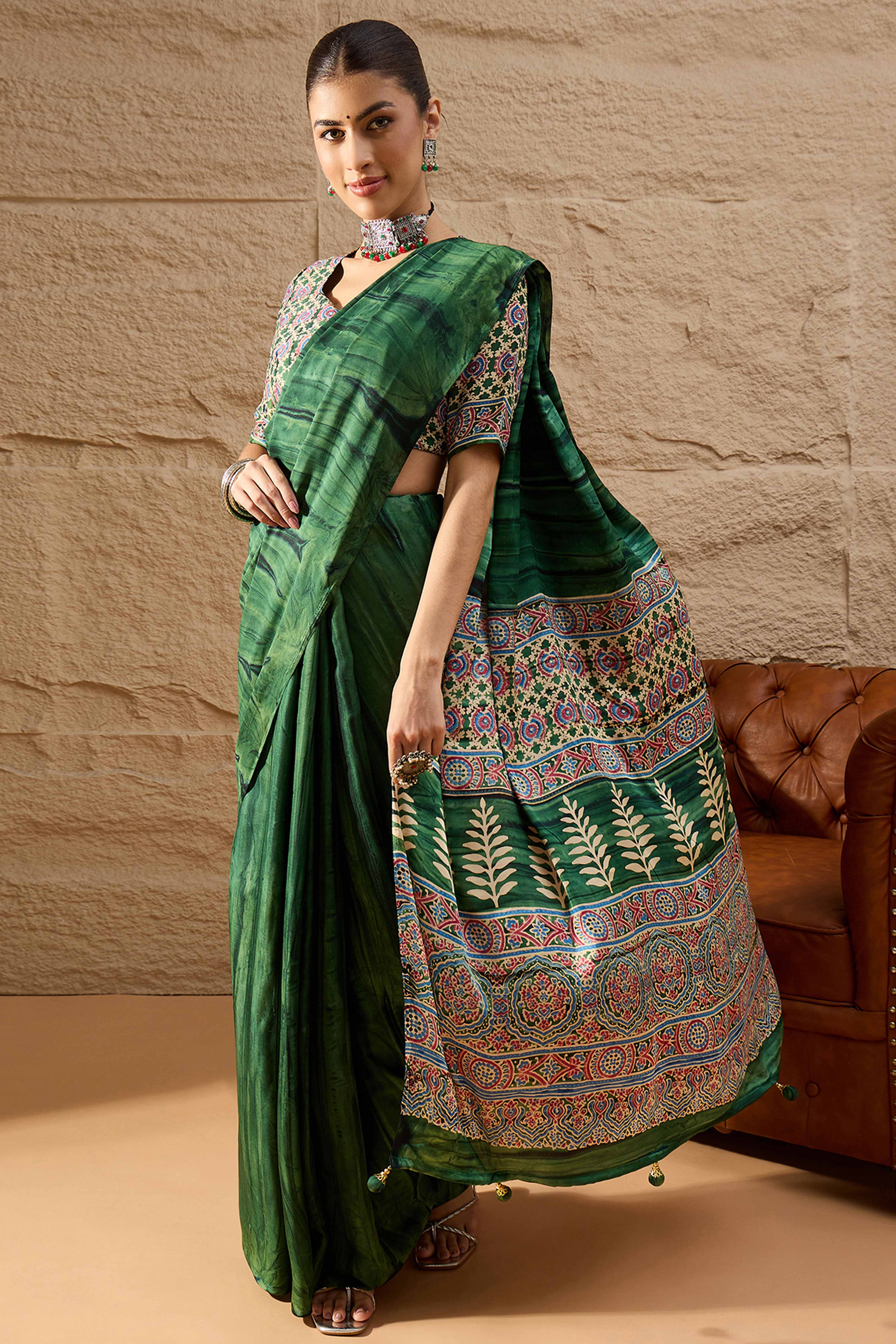 Ajrakh Print Green Satin Saree with Ethnic Appeal