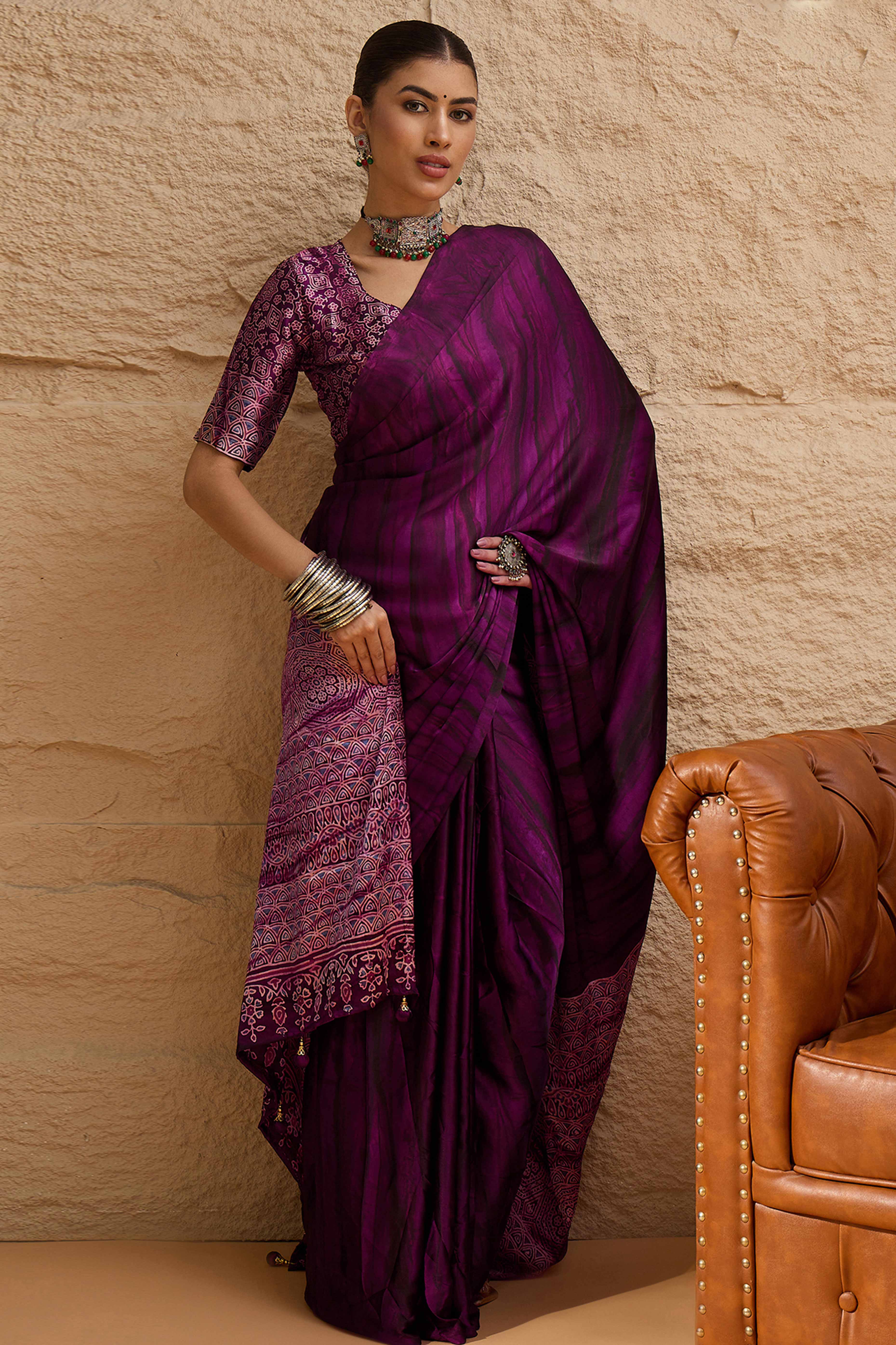 Ajrakh Print Purple Satin Saree with Ethnic Appeal