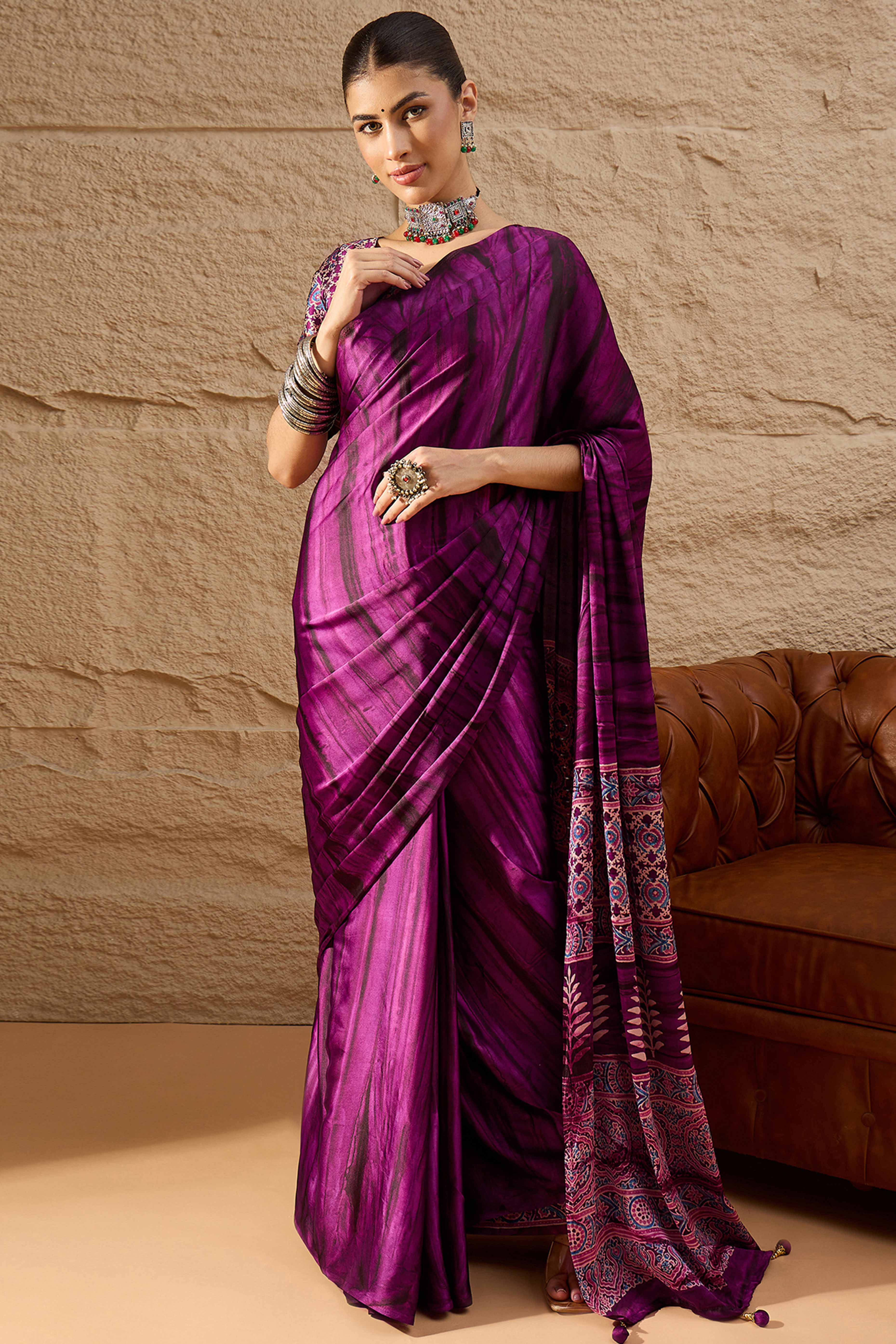 Ajrakh Print on Pallu Purple Satin Saree with Ethnic Appeal