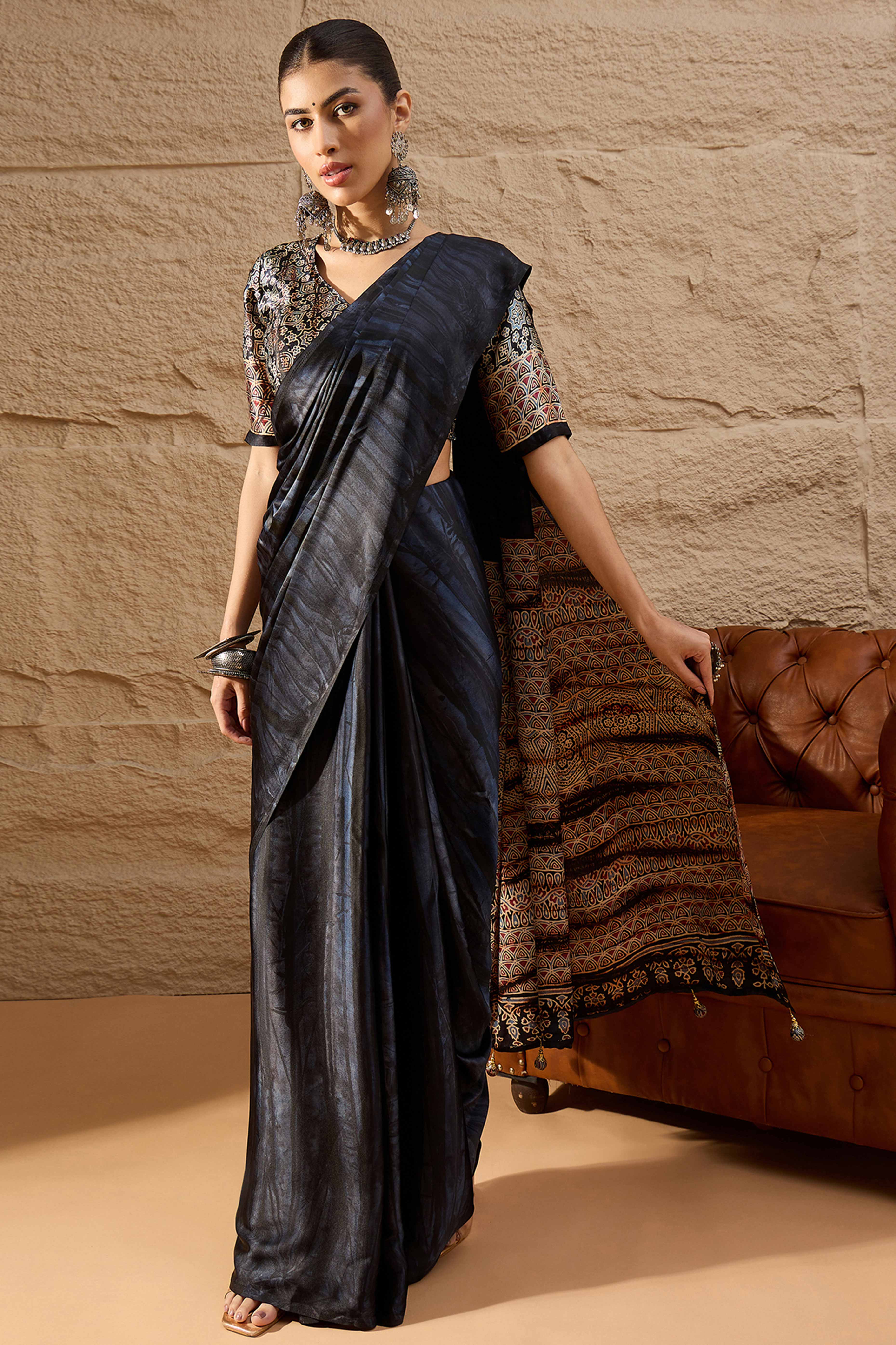 Ajrakh Print Black Satin Saree with Ethnic Appeal