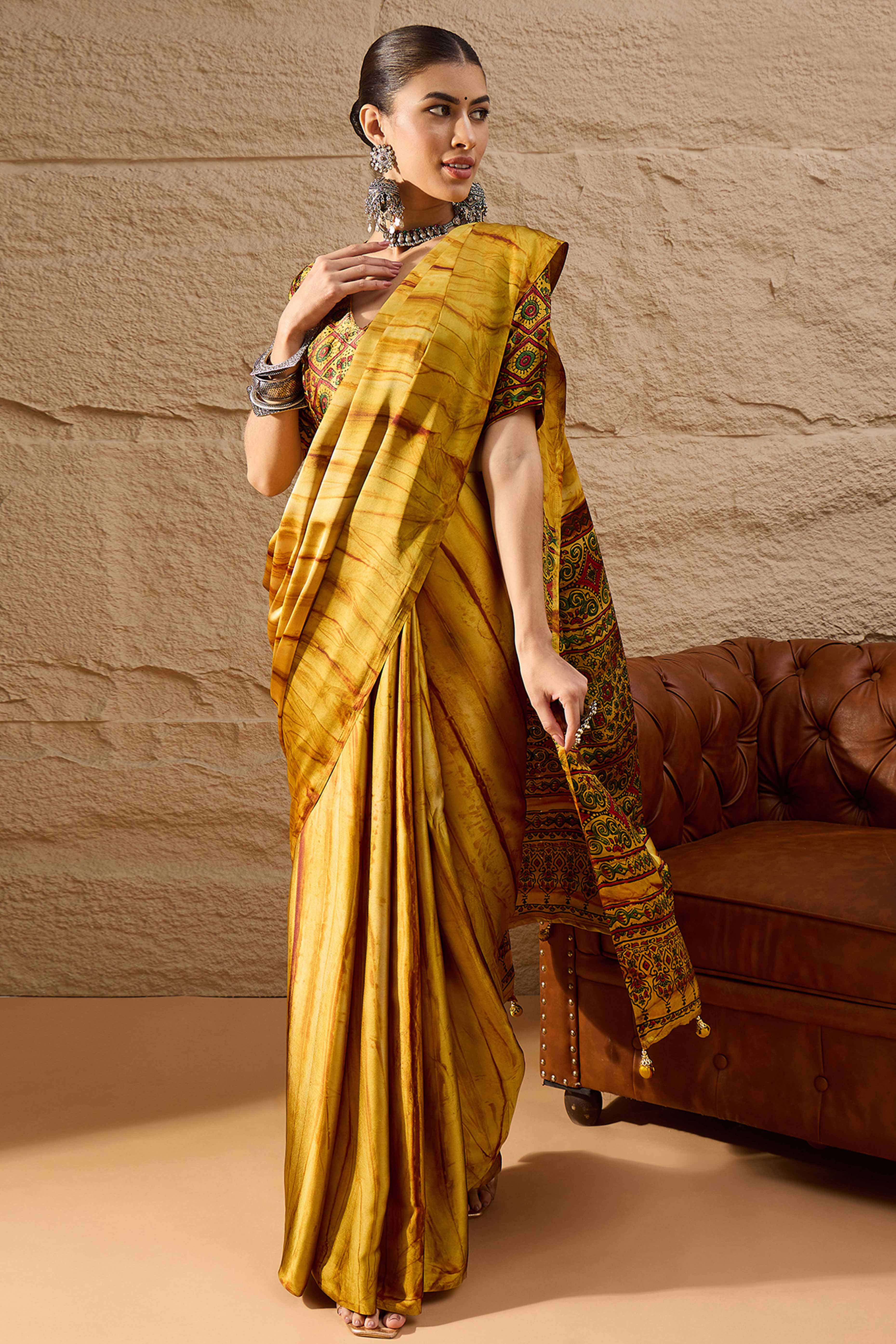 Ajrakh Print Mustard Satin Saree with Ethnic Appeal
