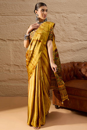 Ajrakh Print Mustard Satin Saree with Ethnic Appeal