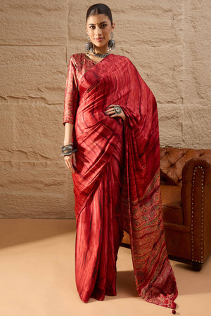 Ajrakh Print Red Satin Saree with Ethnic Appeal
