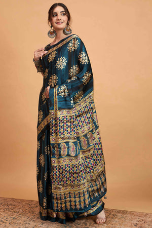 Blue Floral Ajrakh & Batik Print Saree In Luxurious Modal Satin With Tassel Pallu