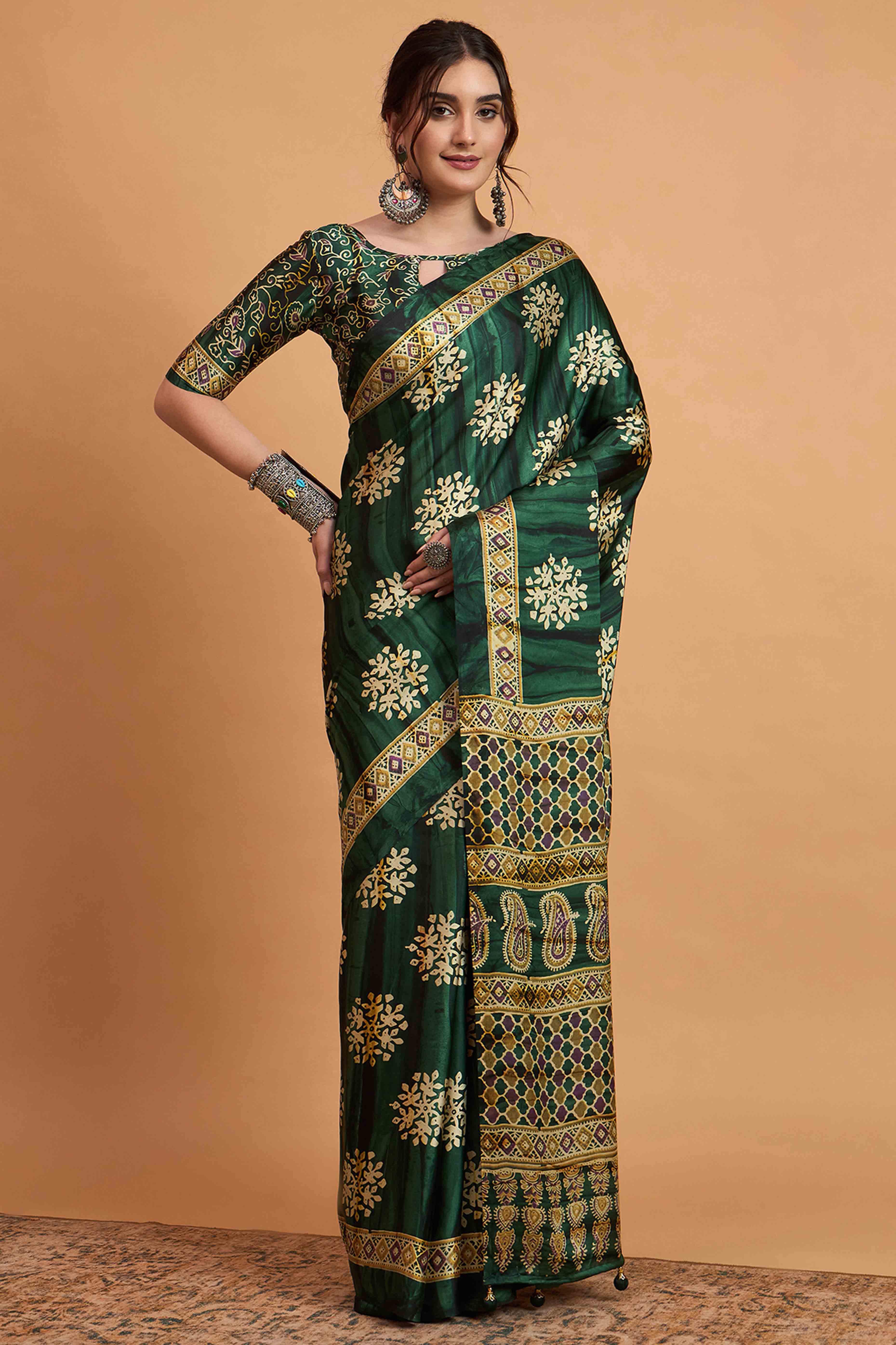 Green Floral Ajrakh & Batik Print Saree In Luxurious Modal Satin With Tassel Pallu