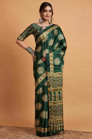 Green Floral Ajrakh & Batik Print Saree In Luxurious Modal Satin With Tassel Pallu