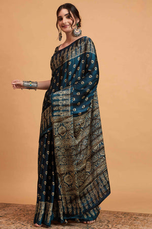 Blue Floral Ajrakh & Batik Print Saree In Luxurious Modal Satin With Tassel Pallu