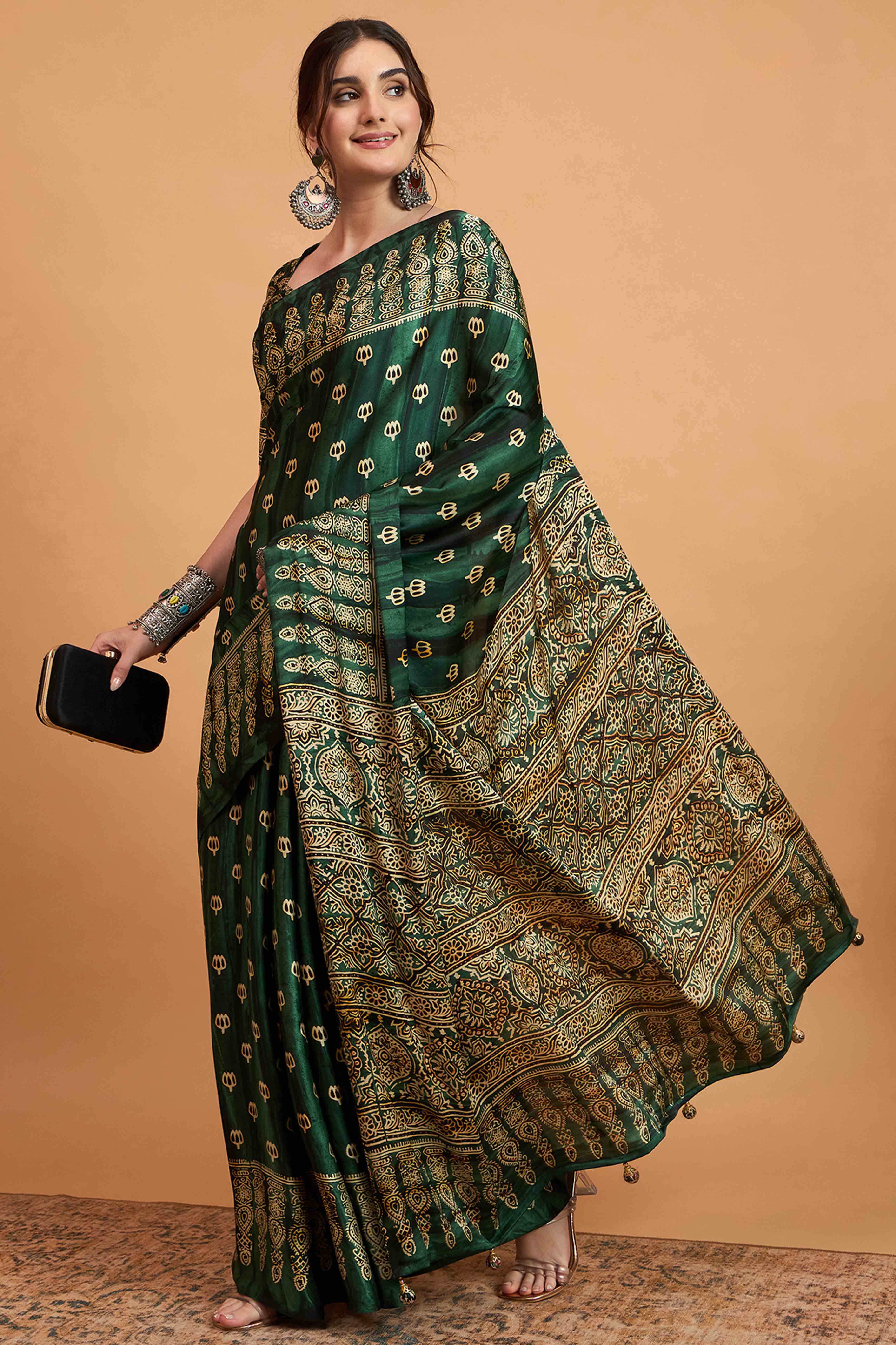 Green Floral Ajrakh & Batik Print Saree In Luxurious Modal Satin With Tassel Pallu