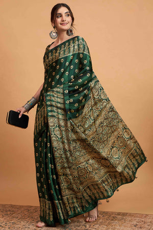 Green Floral Ajrakh & Batik Print Saree In Luxurious Modal Satin With Tassel Pallu