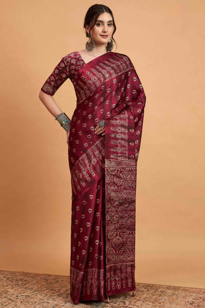 Pink Floral Ajrakh & Batik Print Saree In Luxurious Modal Satin With Tassel Pallu