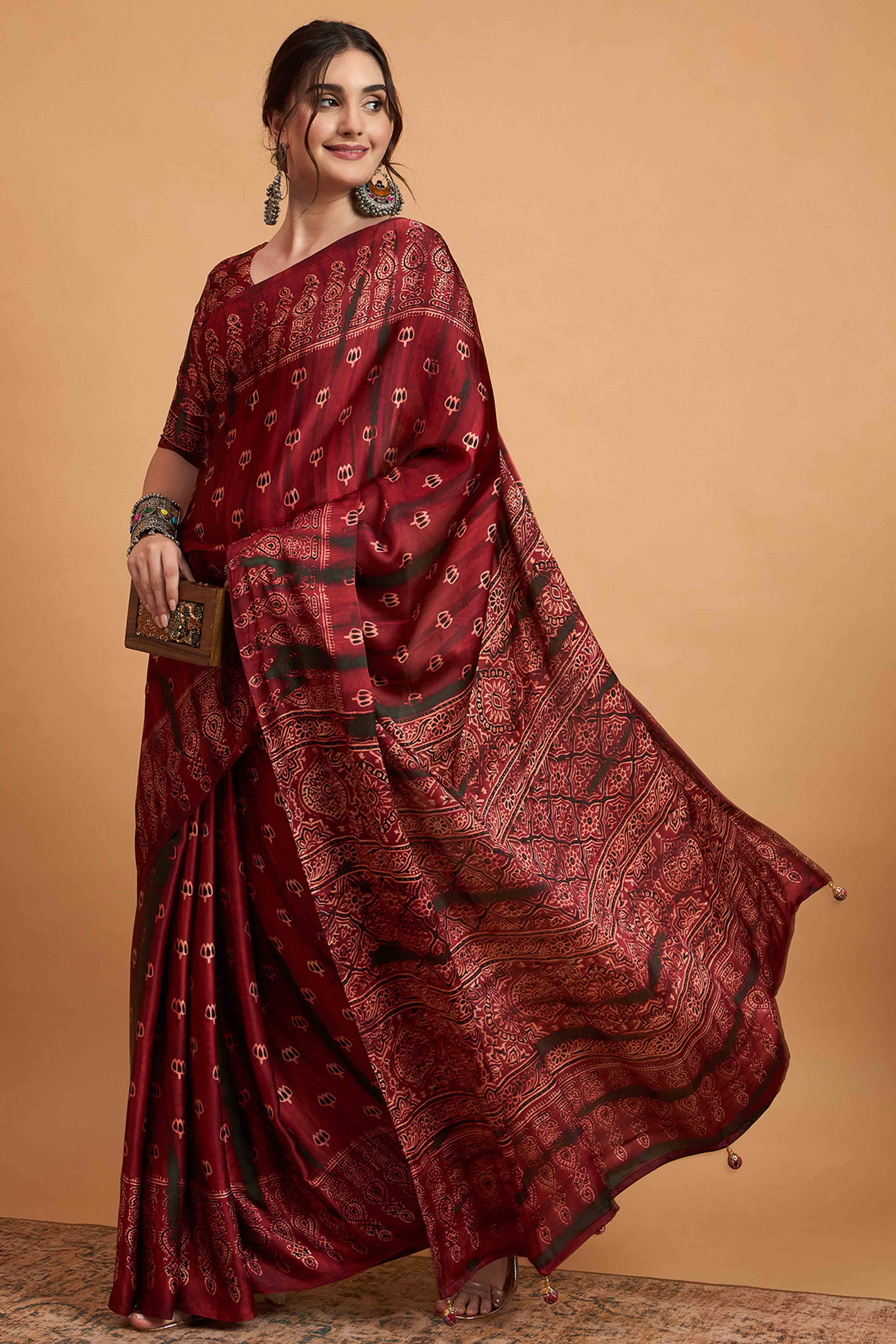 Maroon Floral Ajrakh & Batik Print Saree In Luxurious Modal Satin With Tassel Pallu