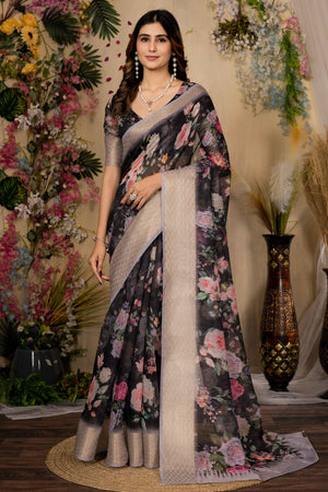 Black Silk Blend Saree With Digital Floral Print & Elegant Zari Weaving Border