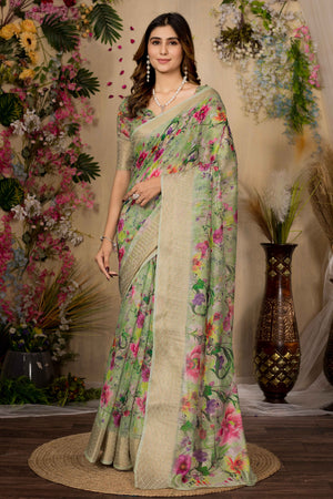 Green Silk Blend Saree With Digital Floral Print & Elegant Zari Weaving Border
