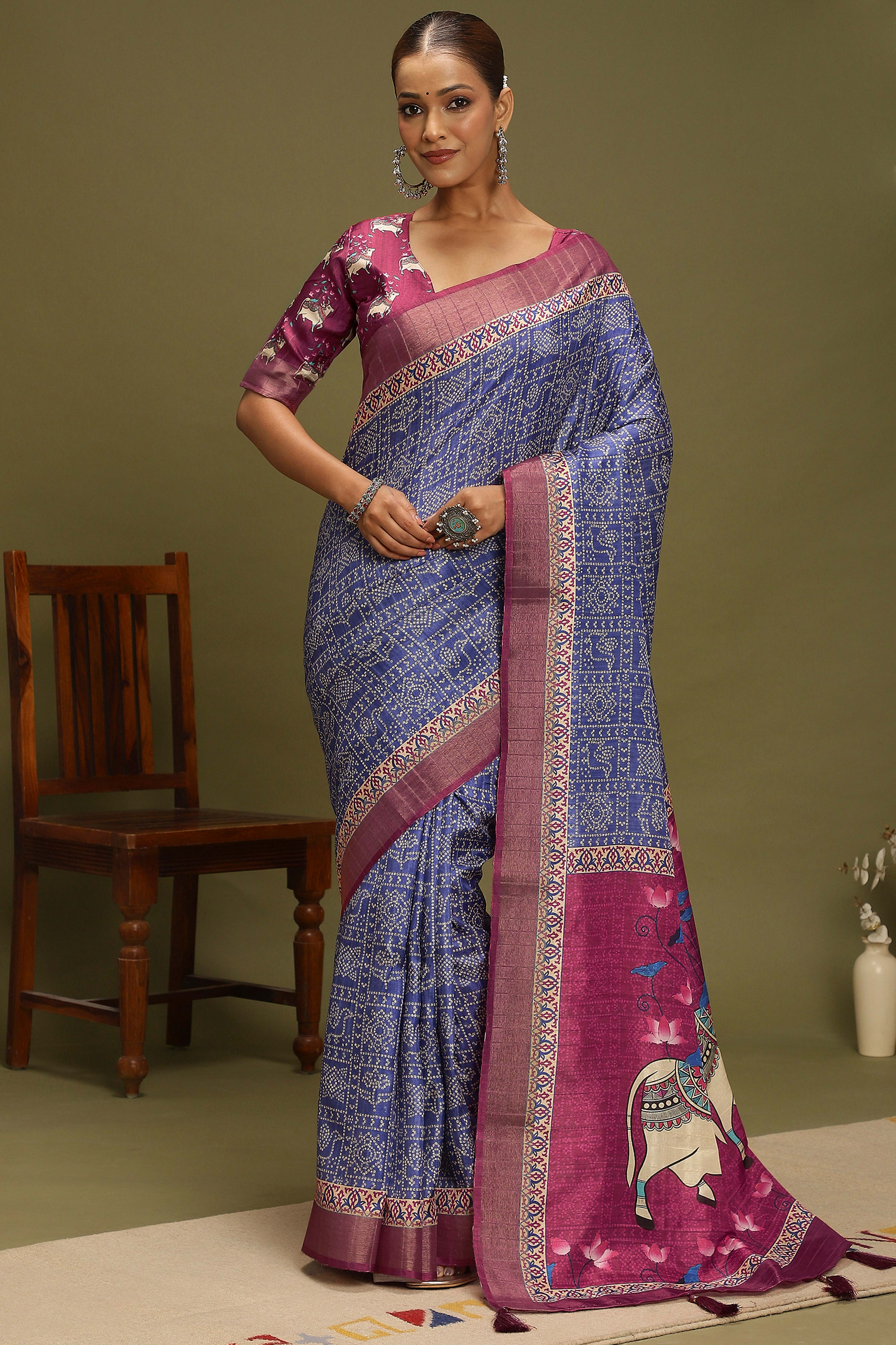 Blue Silk Blend Saree Decorated with Vibrant Bandhani Prints and Festive Detailing
