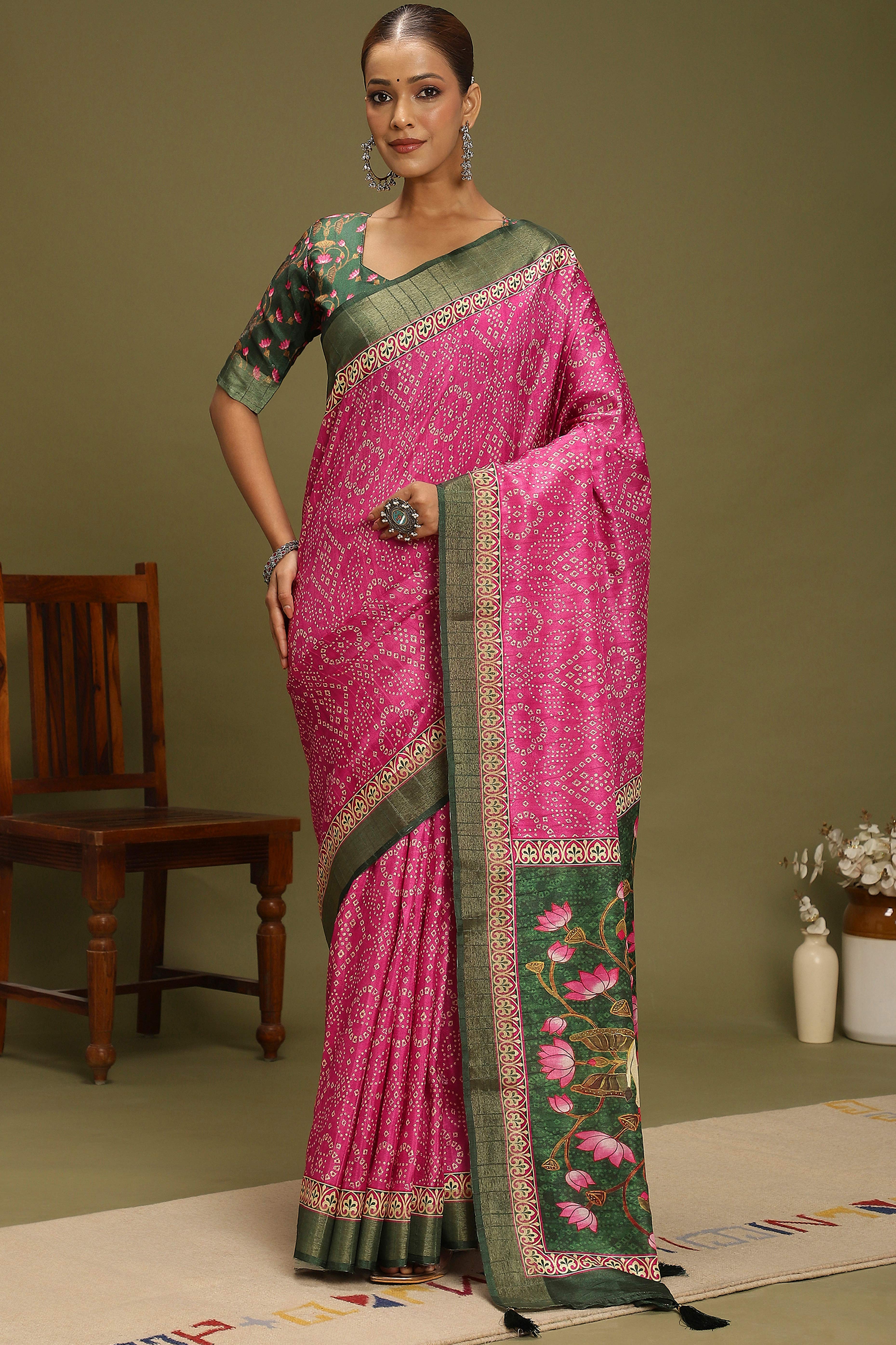 Pink Silk Blend Saree Decorated with Vibrant Bandhani Prints and Festive Detailing