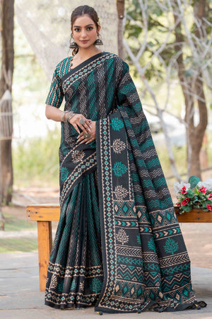 Authentic Handblock Printed Black & Green Cotton Silk Saree