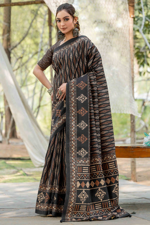 Authentic Handblock Printed Black & Cream Cotton Silk Saree