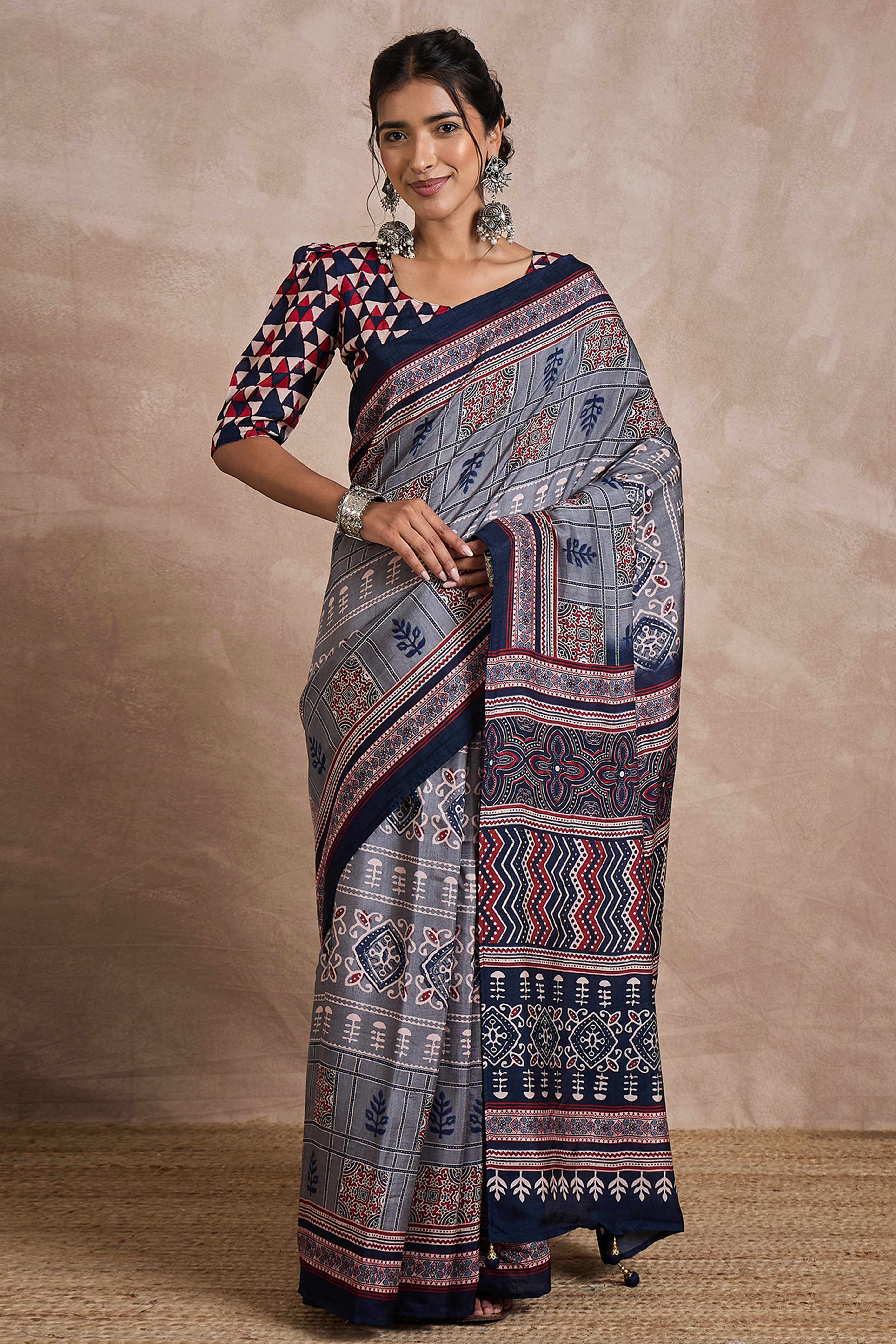 Grey Dola Silk Saree Featuring Heritage Ajrakh Prints for Celebratory Occasions