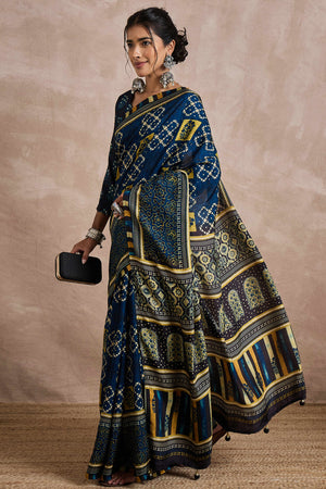 Blue Dola Silk Saree Featuring Heritage Ajrakh Prints for Celebratory Occasions