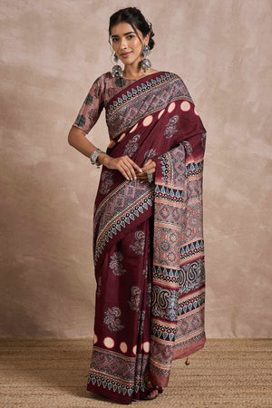 Dark Brown Dola Silk Saree Featuring Heritage Ajrakh Prints for Celebratory Occasions