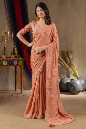 Peach Printed Silk Blend Saree With Floral Detailing