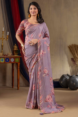 Mauve Printed Silk Blend Saree With Floral Detailing