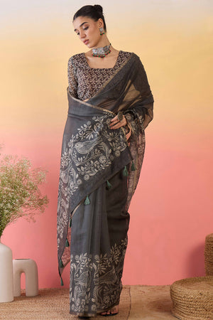 Dark Grey Linen Cotton Saree Featuring Elegant Floral & Bird Prints With Tassel Pallu