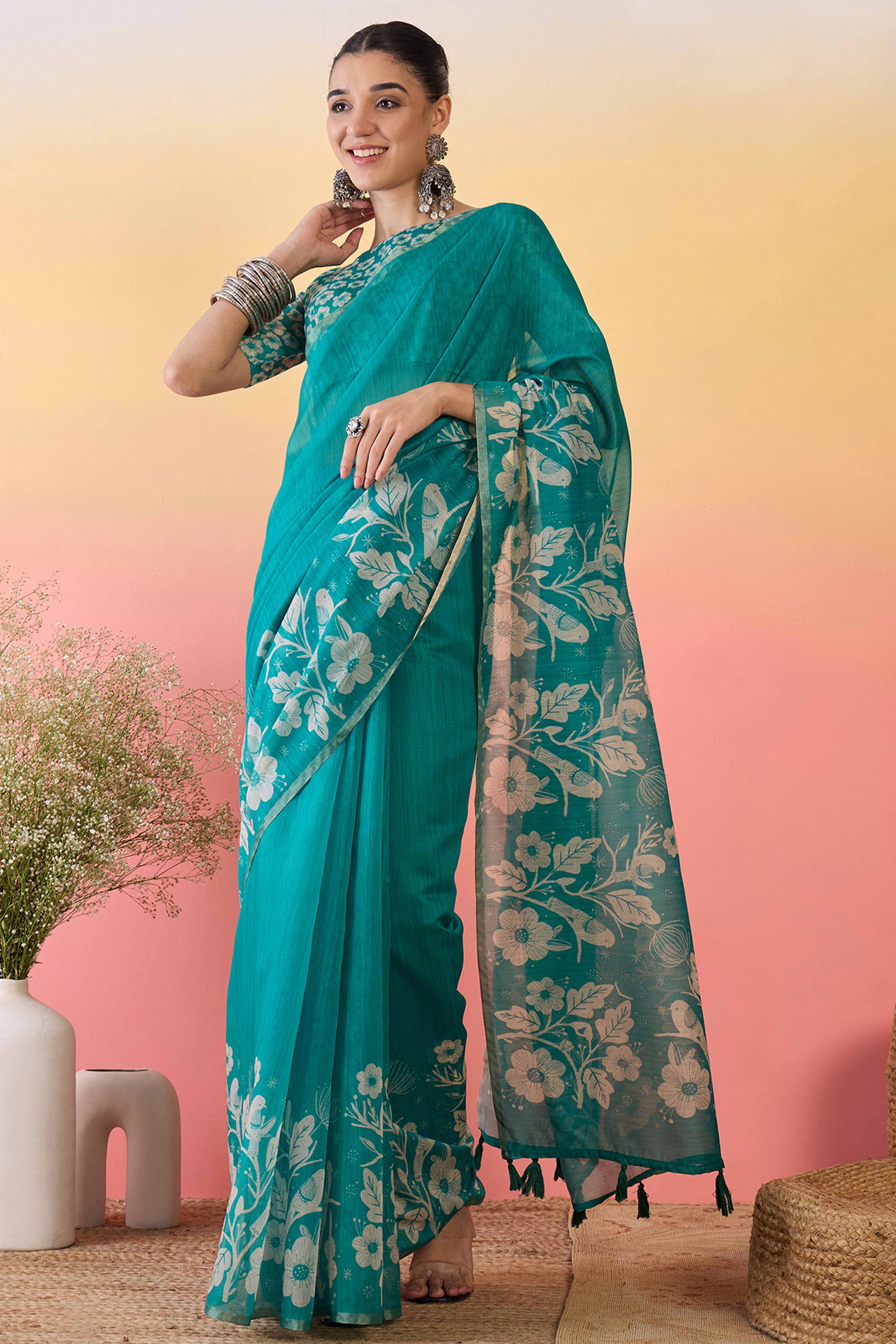 Turquoise Linen Cotton Saree Featuring Elegant Floral & Bird Prints With Tassel Pallu