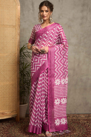 Pink Pure Linen Saree with Intricate Zari Work