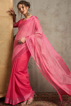 Pink Pure Linen Saree with Intricate Zari Work
