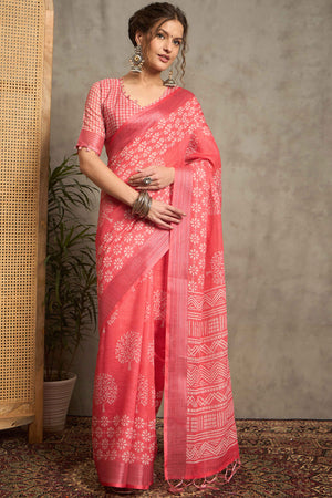 Gajri Pink Pure Linen Saree with Intricate Zari Work