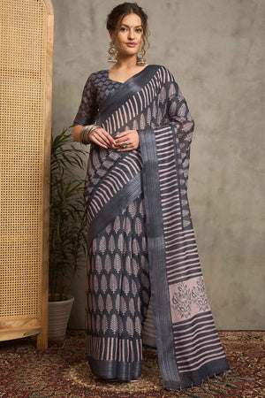 Black Pure Linen Saree with Intricate Zari Work