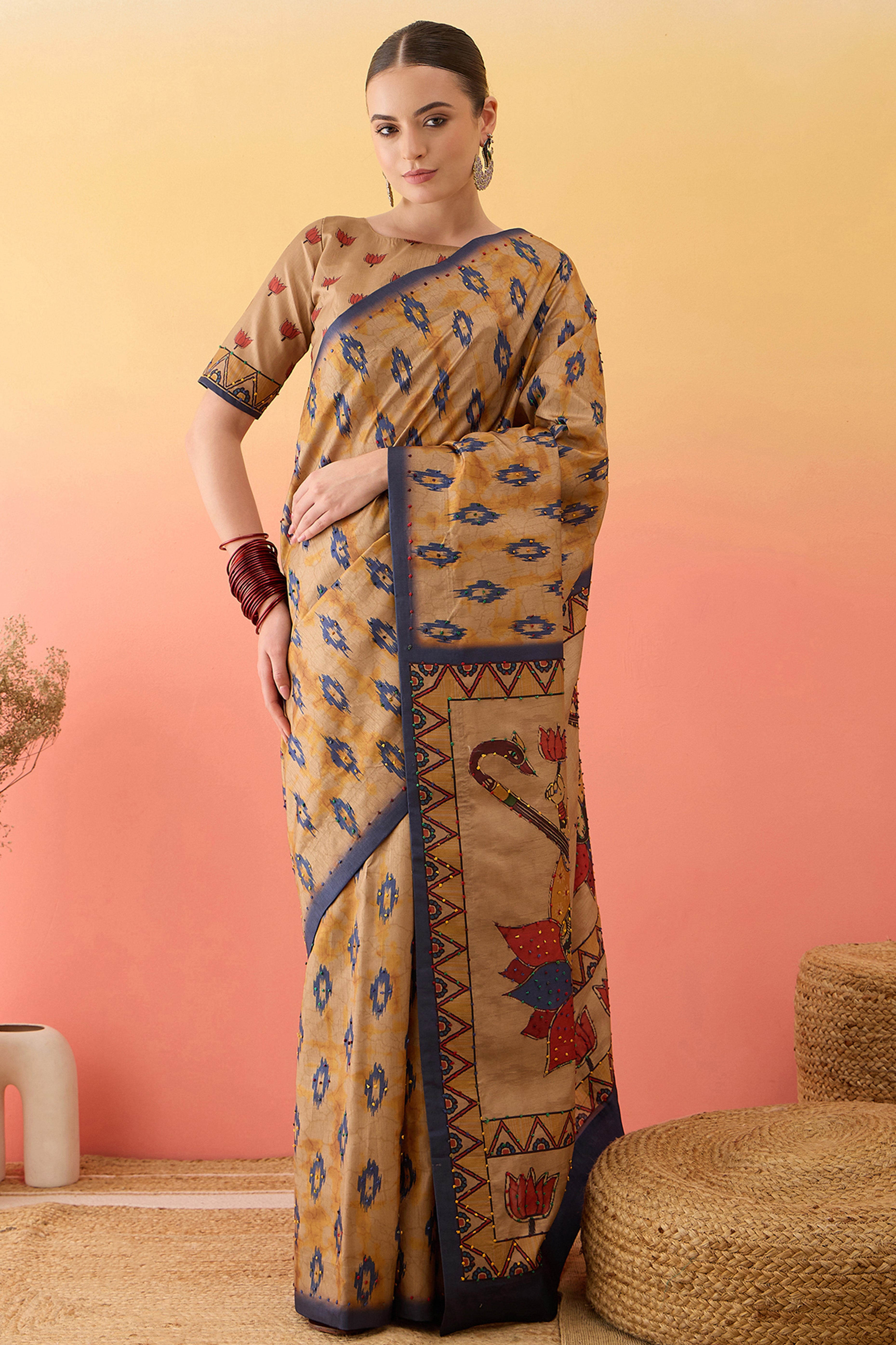 Beige Printed Kalamkari Cotton Silk Saree Exquisite Knot Work Detailing Ethnic Charm