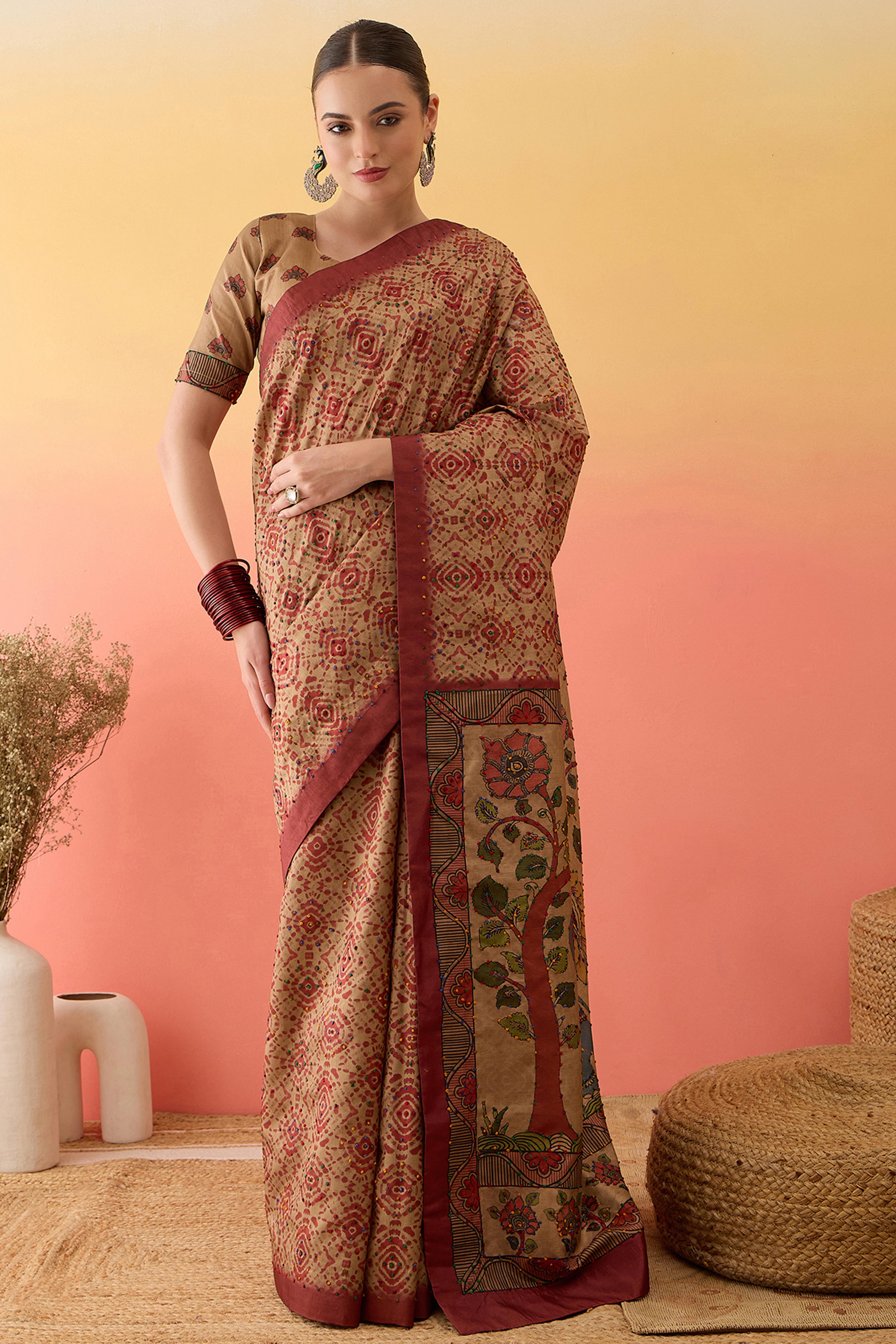 Beige Kalamkari Style Cotton Silk Saree Handcrafted Knot Work Border Ethnic Sophistication