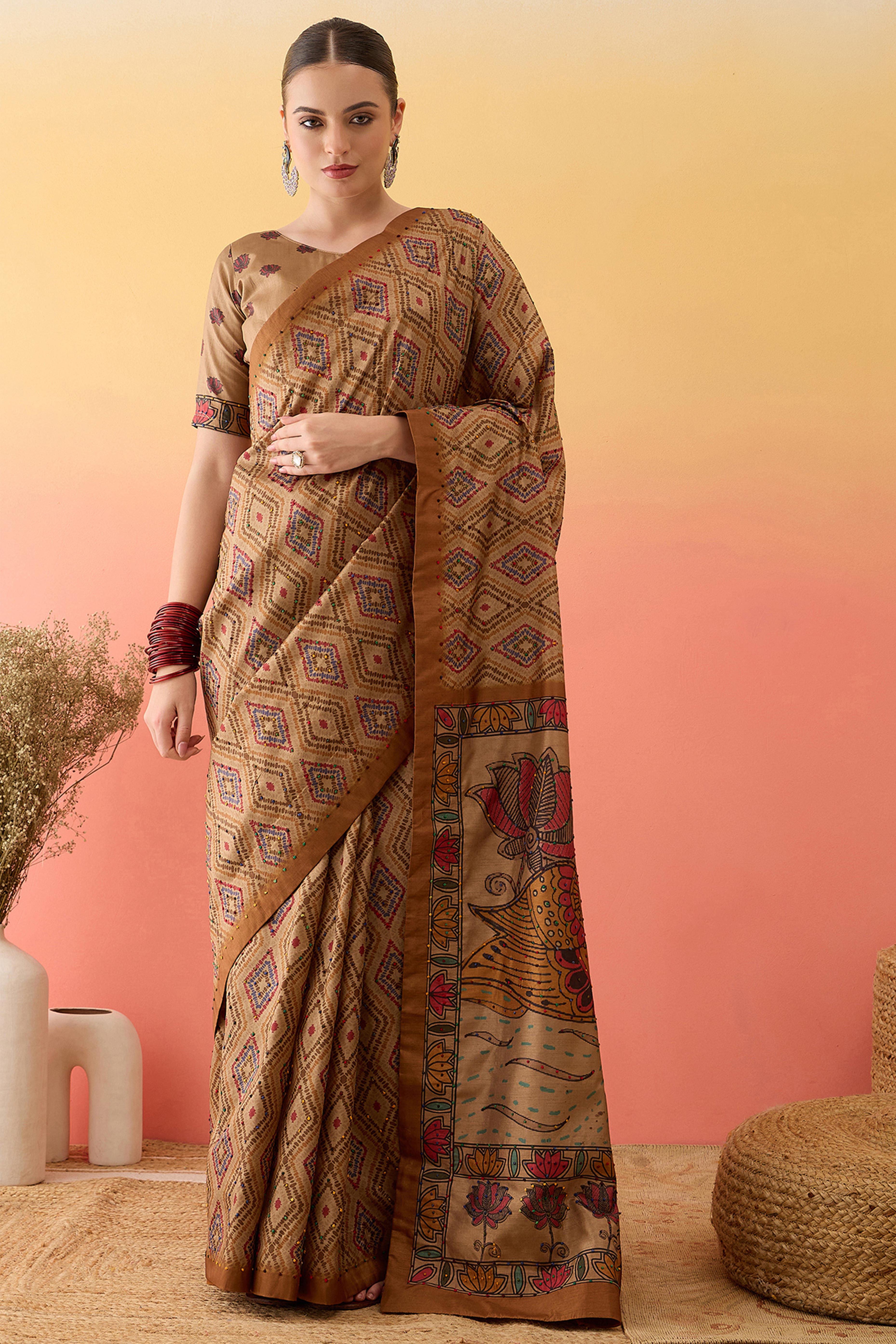 Beige Kalamkari Inspired Printed Cotton Silk Saree Intricate Knot Work Ethnic Artistry