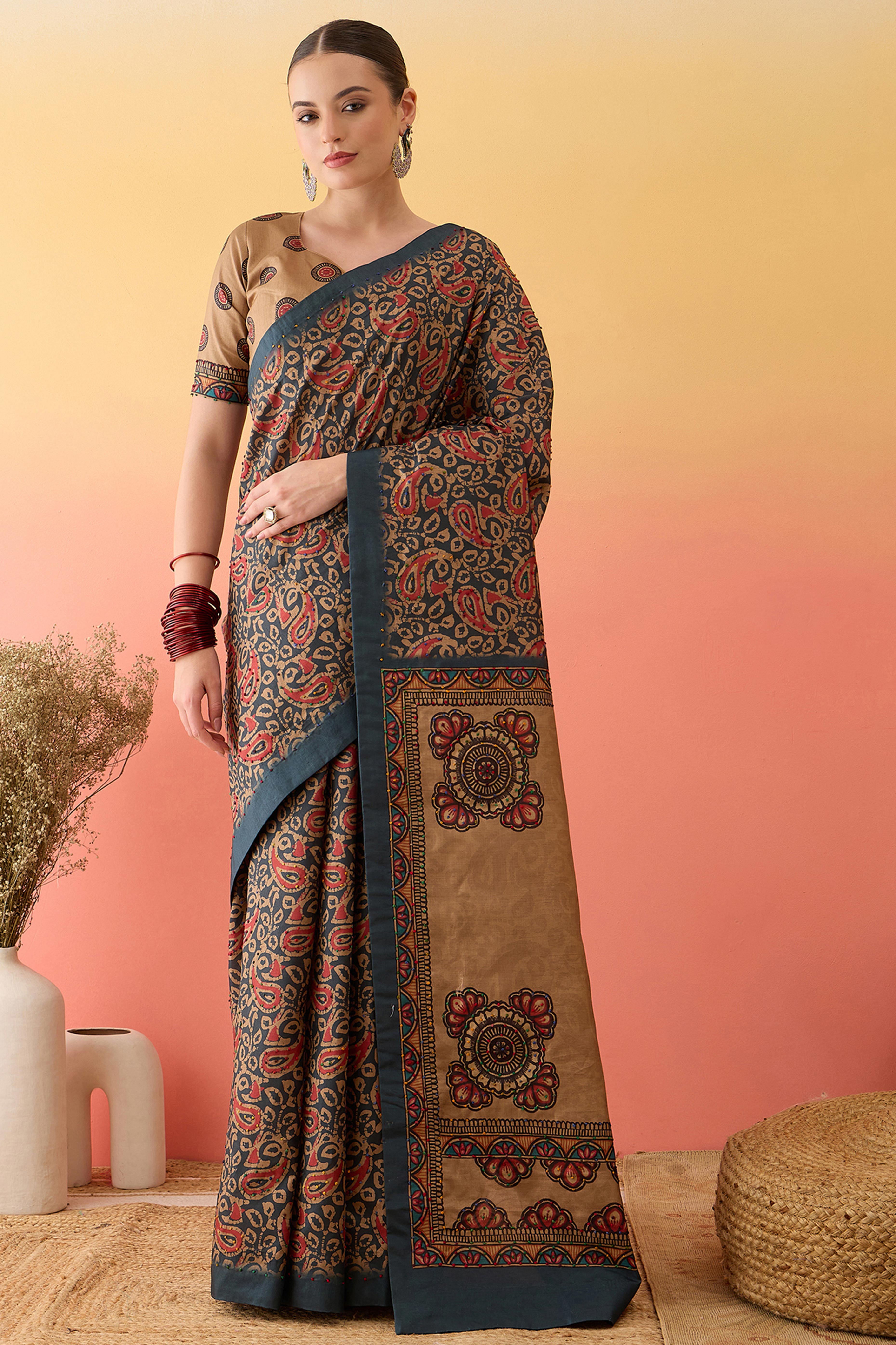 Grey Printed Kalamkari Cotton Silk Saree Exquisite Knot Work Detailing Ethnic Charm