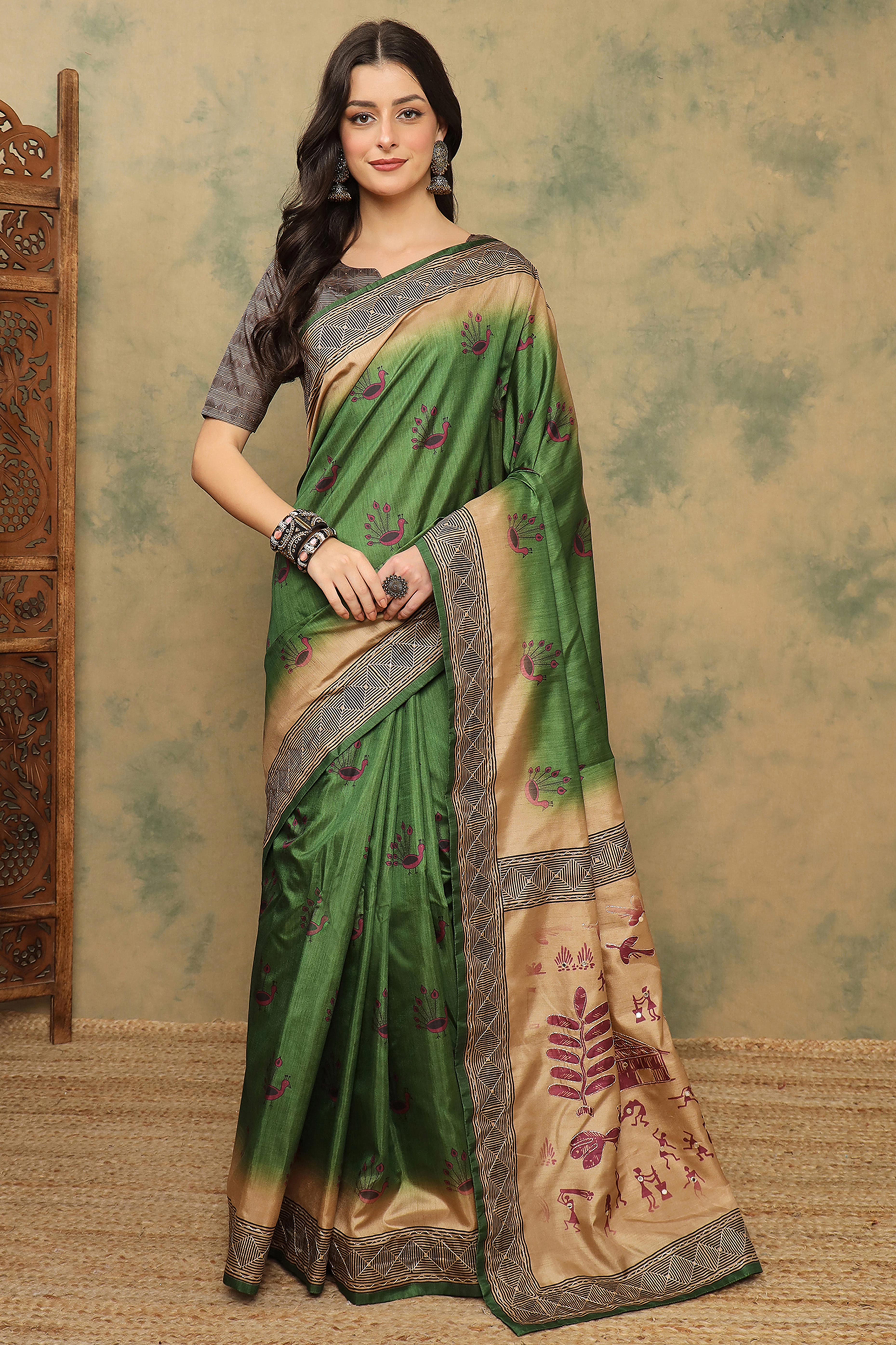 Green Warli Folk Art Printed Cotton Silk Saree Flowy Drape Festive Wear