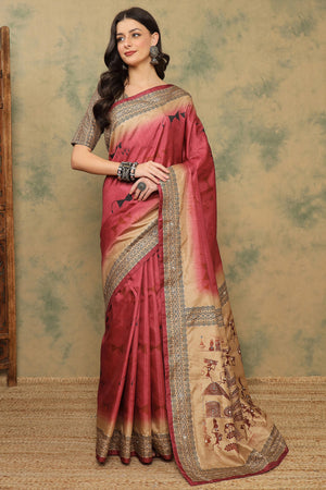 Red Warli Folk Art Printed Cotton Silk Saree Flowy Drape Festive Wear