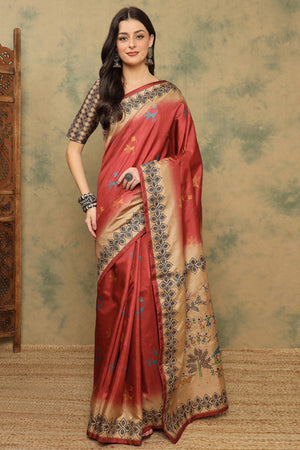 Red Traditional Warli Motifs Cotton Silk Saree Lightweight Ethnic Elegance