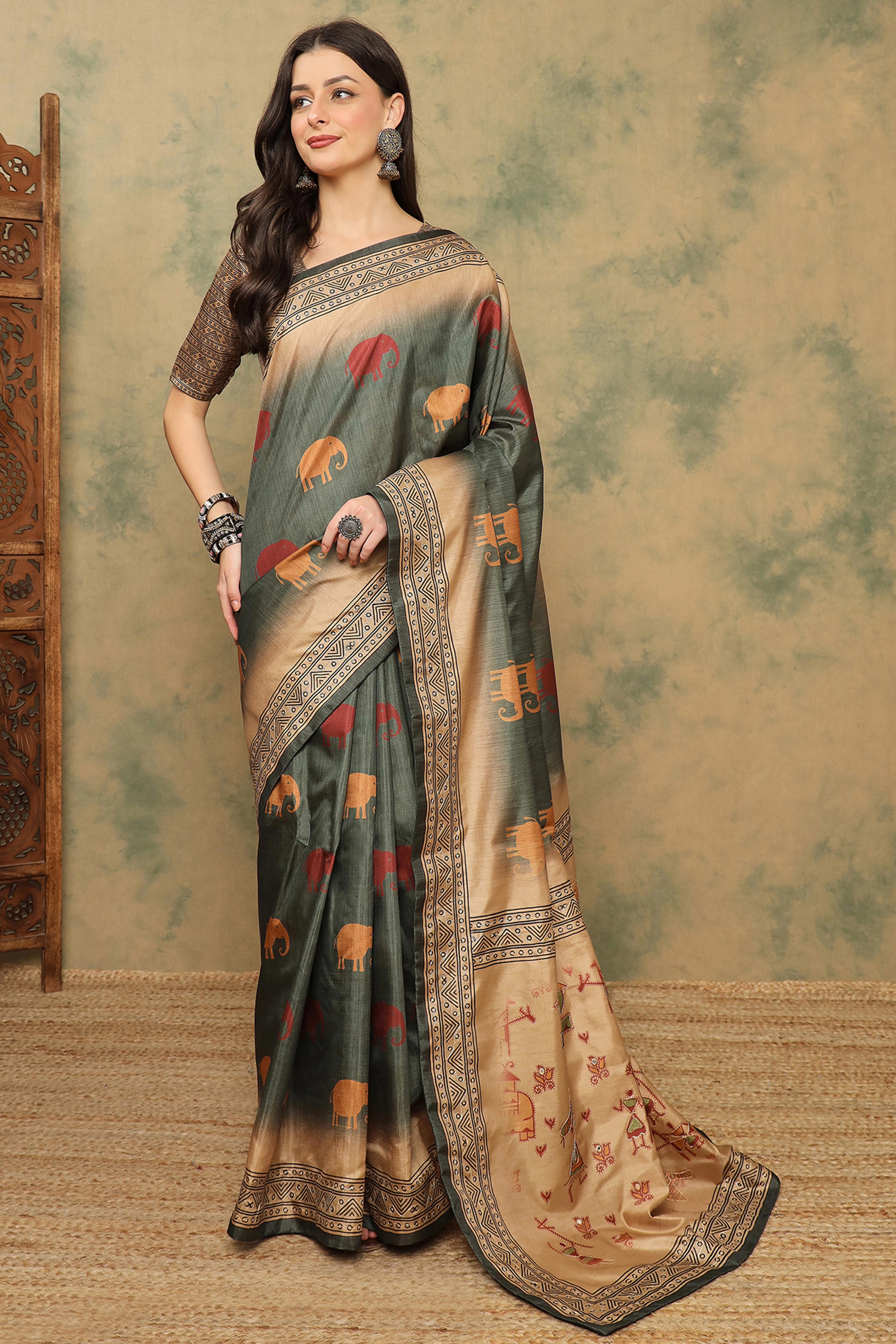 Greyish Green Warli Folk Art Printed Cotton Silk Saree Flowy Drape Festive Wear