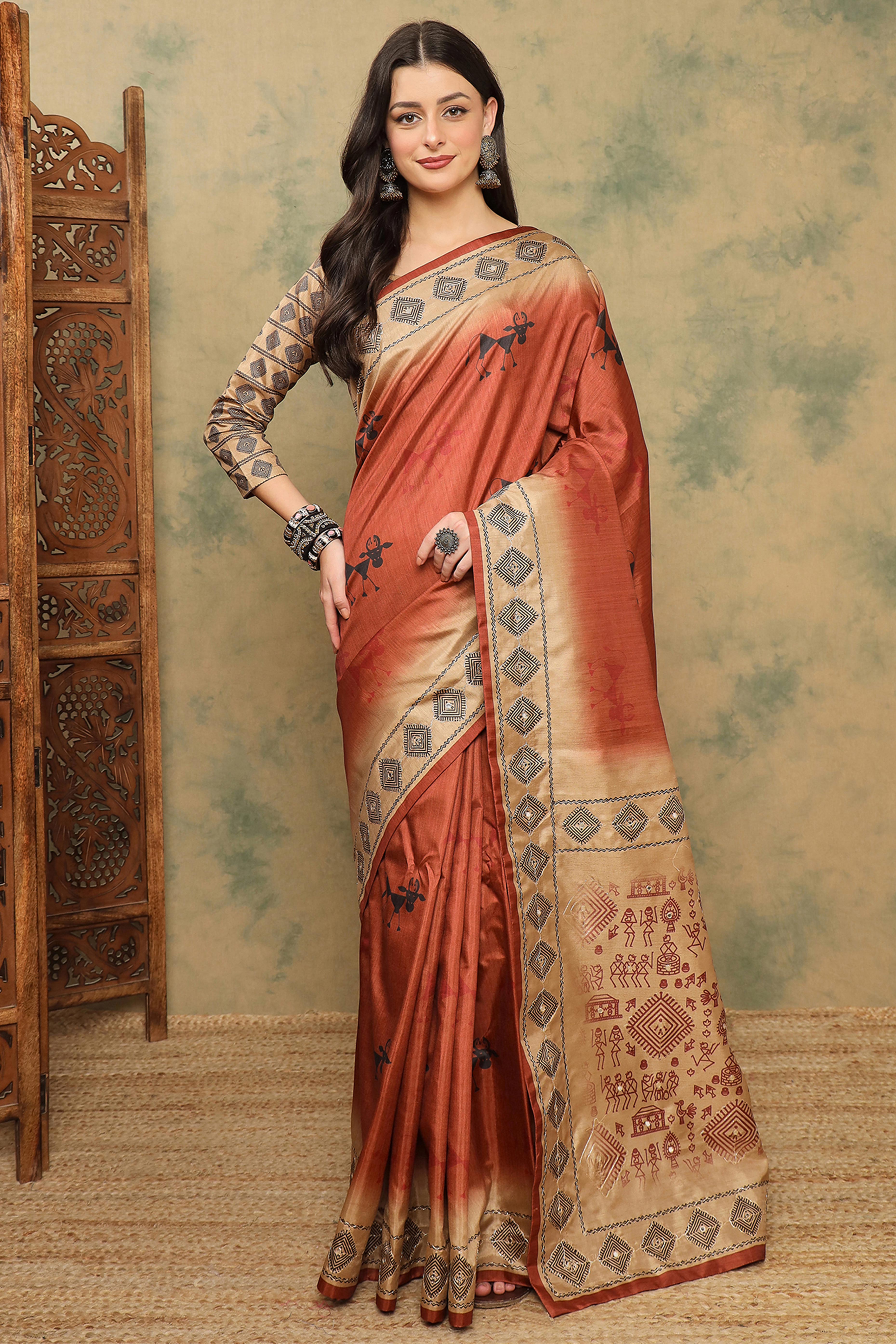 Rust Warli Folk Art Printed Cotton Silk Saree Flowy Drape Festive Wear