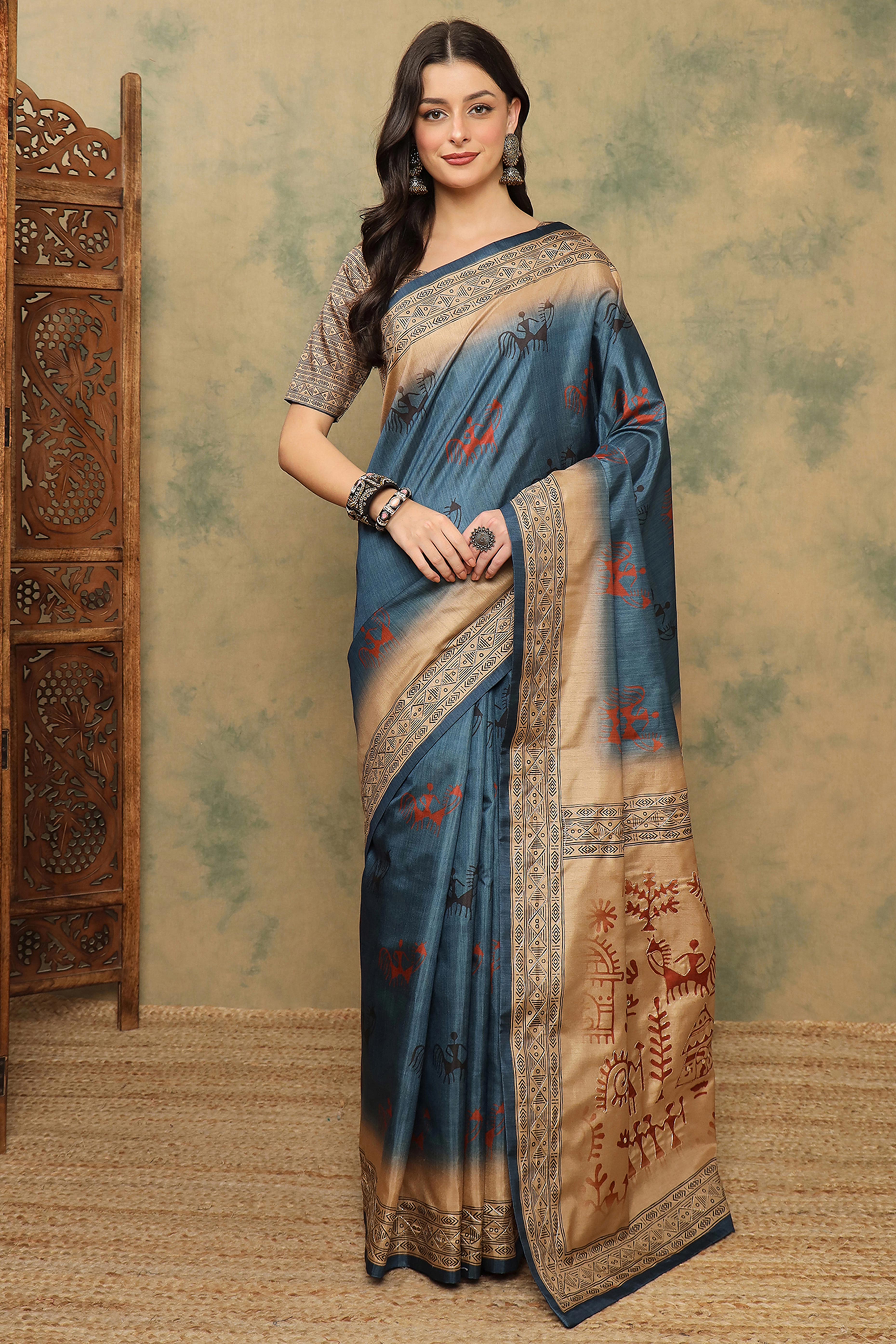 Blue Warli Folk Art Printed Cotton Silk Saree Flowy Drape Festive Wear