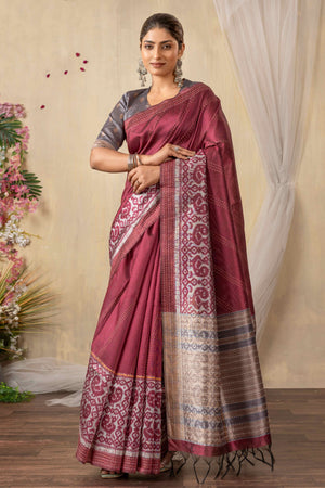 Traditional Ikkat Print Burgundy Silk Blend Saree