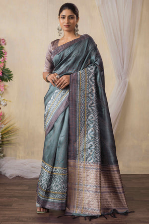 Traditional Ikkat Print Grey Silk Blend Saree