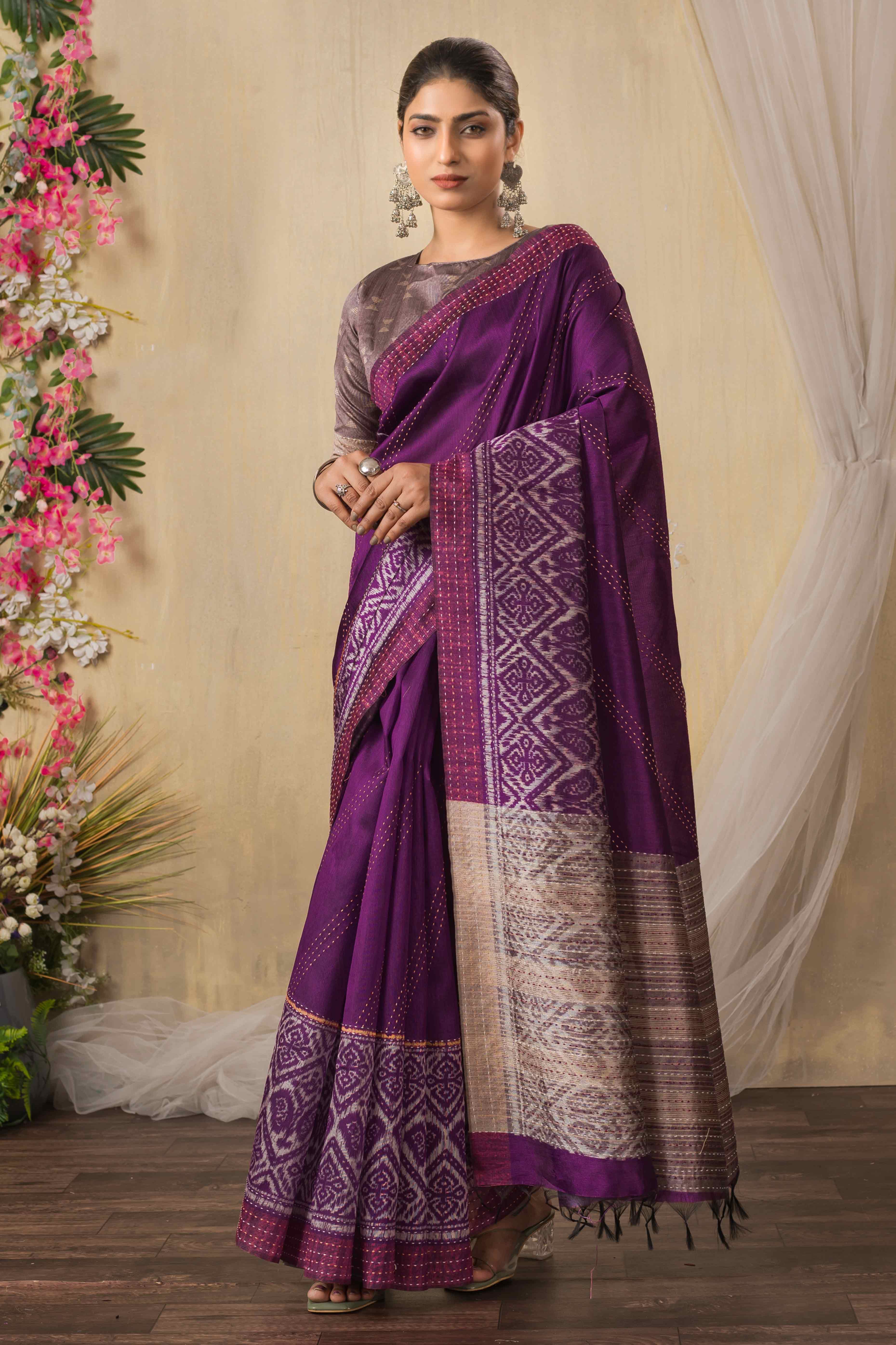 Traditional Ikkat Print Purple Silk Blend Saree