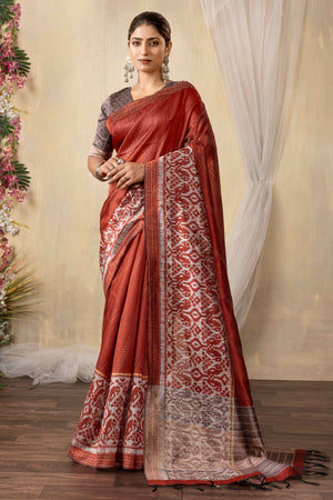 Traditional Ikkat Print Rust Silk Blend Saree
